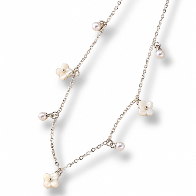 COLLAR ACERO BLANCO FLORES Y PERLAS