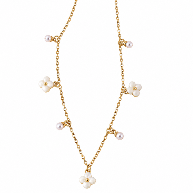 COLLAR ACERO DORADO DIJES FLOR Y PERLAS