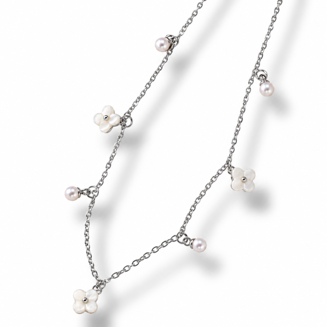COLLAR ACERO  FLORES PERLAS