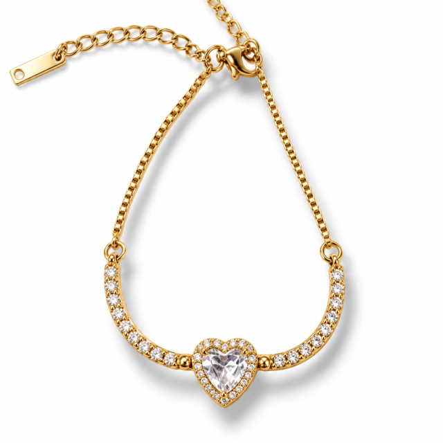 PULSERA ACERO DORADO CORAZÓN MICROPAVE Y CUBICS