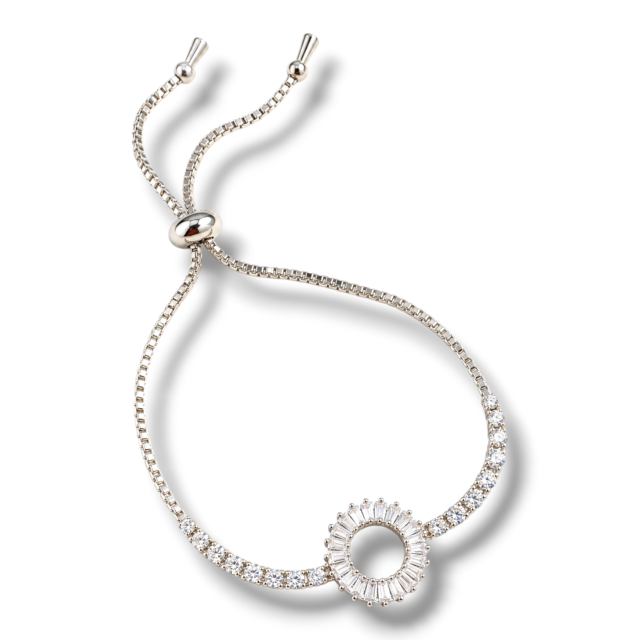 PULSERA ACERO BLANCO AJUSTABLE CÍRCULO MICROPAVE Y STRASS