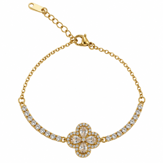 PULSERA ACERO DORADO TRÉBOL MICROPAVE 