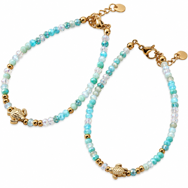 PULSERA ACERO DORADOS CRISTALES TURQUESA DIJE TORTUGA