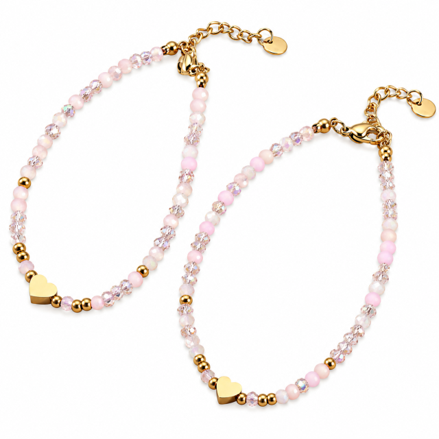 PULSERA ACERO DORADO CRISTALES ROSA DIJE. CORAZÓN 