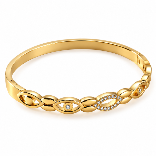 ESCLAVA ACERO DORADO OJOS STRASS