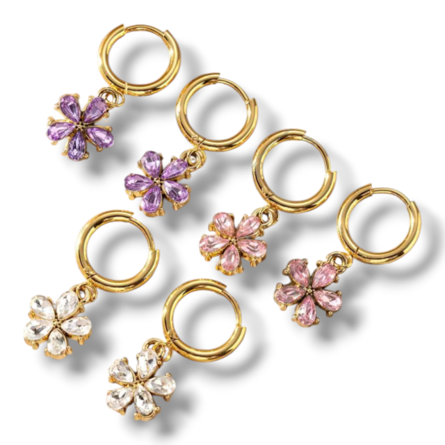 ARO ACERO DORADO ARGOLLA CLIP DIJE FLOR CRISTAL
