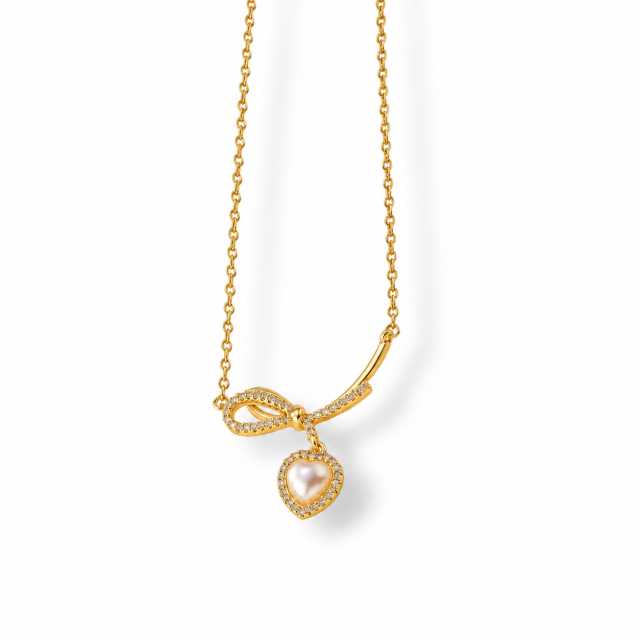 COLLAR ACERO DORADO DIJE CORAZÓN PERLA MICROPAVE 