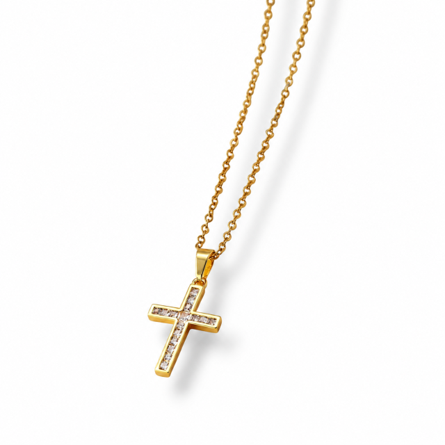 COLLARES ACERO DORADO DIJE CRUZ MICROPAVE 