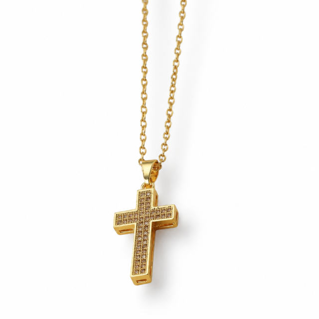 COLLAR ACERO DORADO DIJE CRUZ MICROPAVE