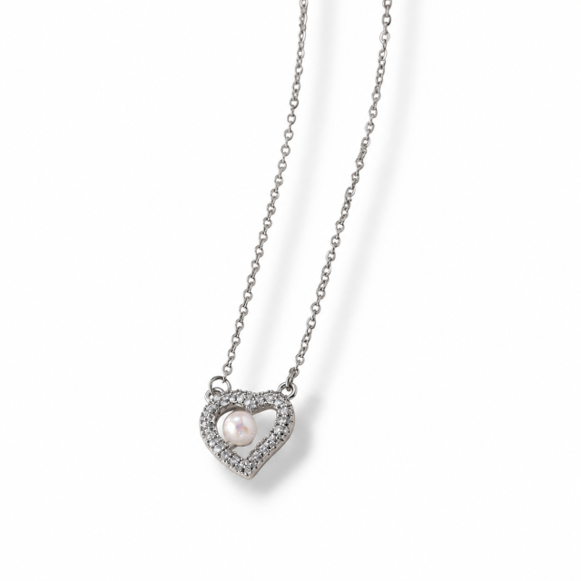 COLLAR ACERO DIJE CORAZÓN PERLA