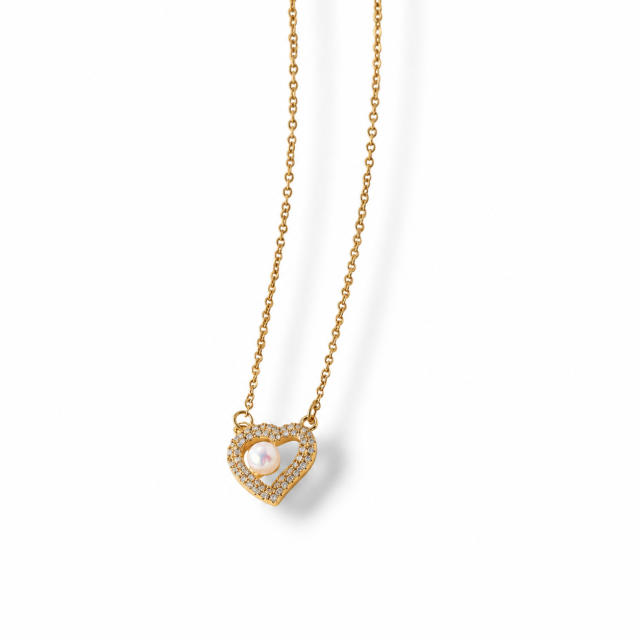 COLLAR ACERO DORADO DIJE CORAZÓN PERLA