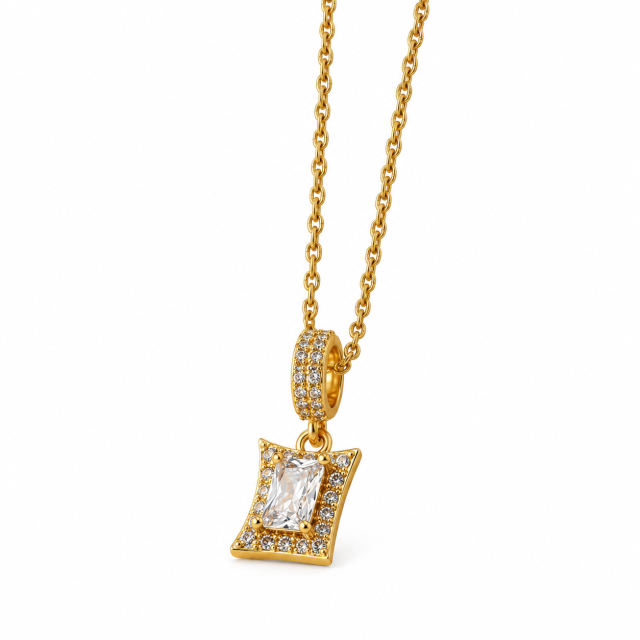 COLLAR ACERO DORADO DIJE CUADRADO DE CUBIC