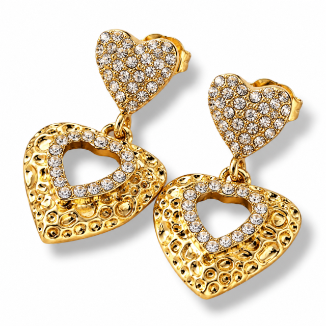 ARO ACERO DORADO PASANTE DOBLE CORAZÓN STRASS