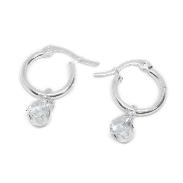 Argollas Acero Blanco Con Cubic Colgante 